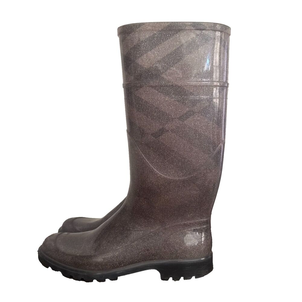 Burberry Womens 8 Gray Nova Check Rain Boots Knee High Designer Waterproof